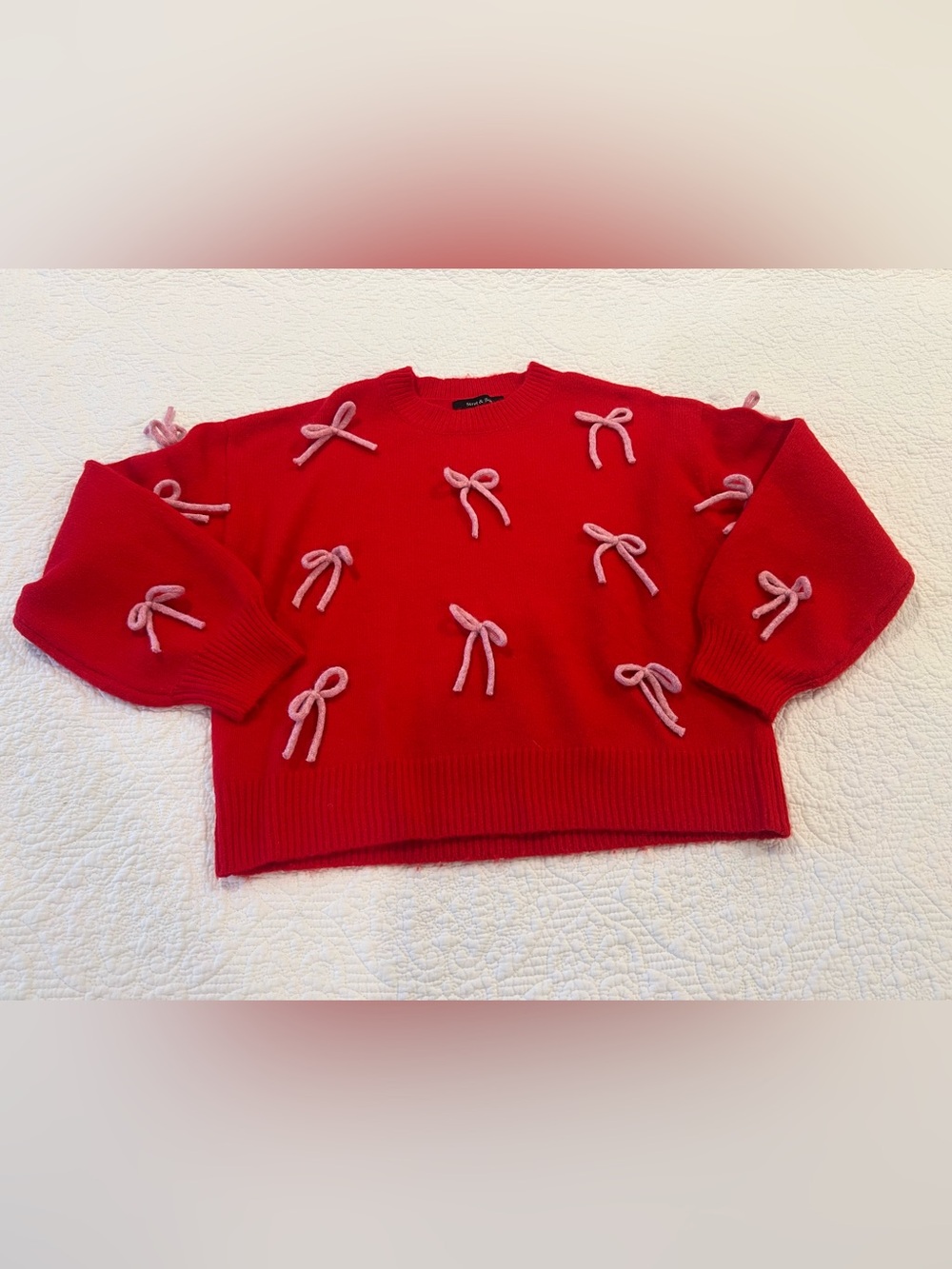 Red Crewneck Sweater with Pink Bow Appliqués